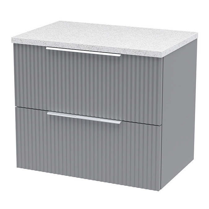 Venice Fluted 600mm Satin Grey Vanity Unit – Wall‑Hung 2‑Drawer with Sparkling White Quartz‑Effect Worktop & Chrome Handles