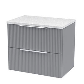 Venice Fluted 600mm Grey Vanity Unit - Wall Hung 2 Drawer Unit with White Worktop & Chrome Handles M