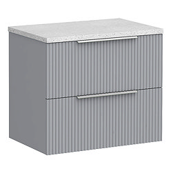 Venice Fluted 600mm Grey Vanity Unit - Wall Hung 2 Drawer Unit with White Worktop & Chrome Handles