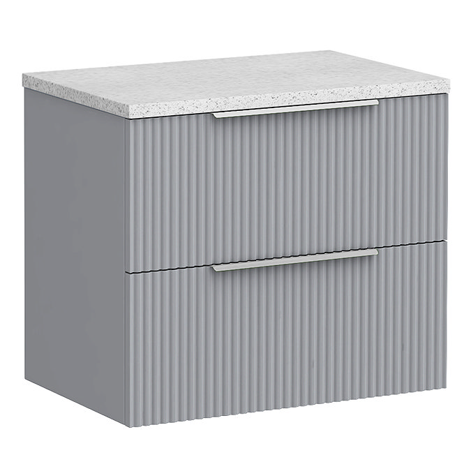 Venice Fluted 600mm Grey Vanity Unit - Wall Hung 2 Drawer Unit with White Worktop & Chrome Handles