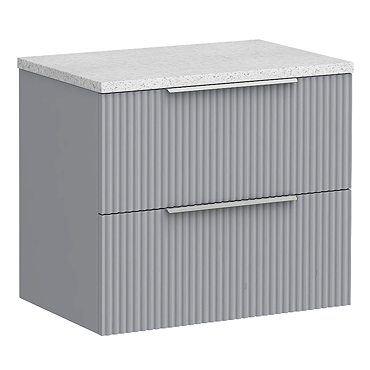 Venice Fluted 600mm Grey Vanity Unit - Wall Hung 2 Drawer Unit with White Worktop & Chrome Handles