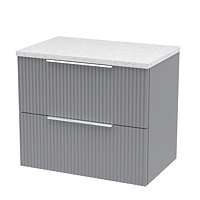 Venice Fluted 600mm Grey Vanity Unit - Wall Hung 2 Drawer Unit with White Worktop & Chrome Handles L