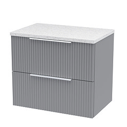 Venice Fluted 600mm Grey Vanity Unit - Wall Hung 2 Drawer Unit with White Worktop & Chrome Handles L