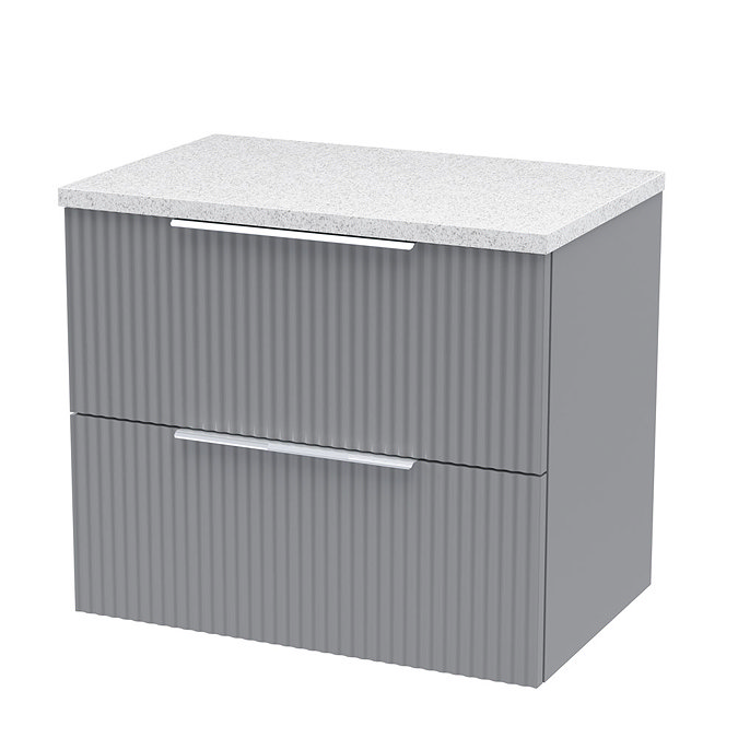 Venice Fluted 600mm Grey Vanity Unit - Wall Hung 2 Drawer Unit with White Worktop & Chrome Handles L