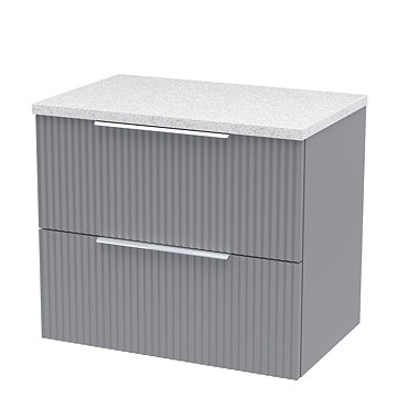 Venice Fluted 600mm Grey Vanity Unit - Wall Hung 2 Drawer Unit with White Worktop & Chrome Handles  
