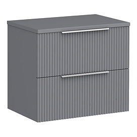 Venice Fluted 600mm Grey Vanity Unit - Wall Hung 2 Drawer Unit with Worktop & Chrome Handles