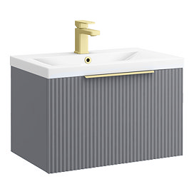 Venice Fluted 600mm Grey Vanity Unit - Wall Hung Single Drawer Unit with Brushed Brass Handle