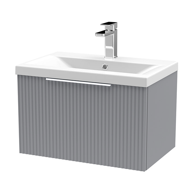 Venice Fluted 600mm Grey Vanity Unit - Wall Hung Single Drawer Unit with Chrome Handle Large Image