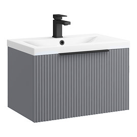 Venice Fluted 600mm Grey Vanity Unit - Wall Hung Single Drawer Unit with Matt Black Handle