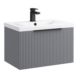 Venice Fluted 600mm Grey Vanity Unit - Wall Hung Single Drawer Unit with Matt Black Handle