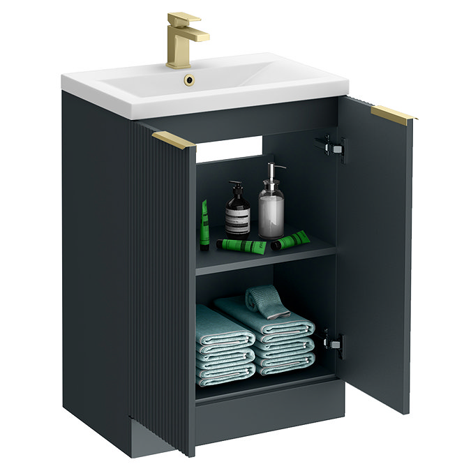 Venice Fluted 600mm Anthracite Vanity Unit - Floor Standing 2 Door Unit with Brushed Brass Handles
