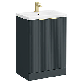 Venice Fluted 600mm Anthracite Vanity Unit - Floor Standing 2 Door Unit with Brushed Brass Handles
