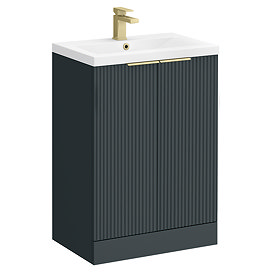Venice Fluted 600mm Anthracite Vanity Unit - Floor Standing 2 Door Unit with Brushed Brass Handles