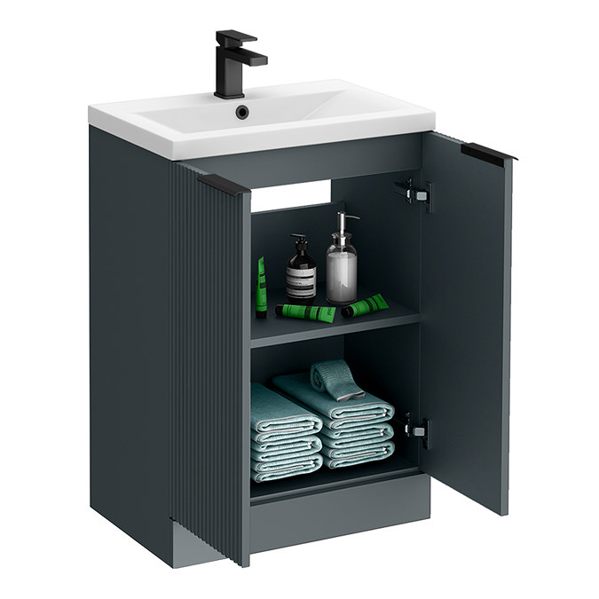 Venice Fluted 600mm Anthracite Vanity Unit - Floor Standing 2 Door Unit with Matt Black Handles