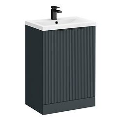 Venice Fluted 600mm Anthracite Vanity Unit - Floor Standing 2 Door Unit with Matt Black Handles