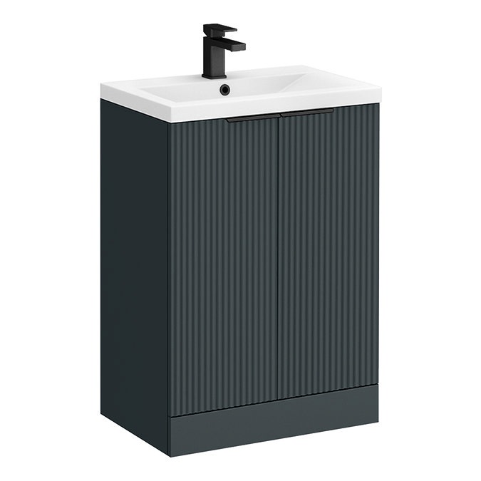 Venice Fluted 600mm Anthracite Vanity Unit - Floor Standing 2 Door Unit with Matt Black Handles