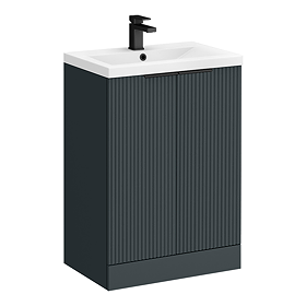 Venice Fluted 600mm Anthracite Vanity Unit - Floor Standing 2 Door Unit with Matt Black Handles