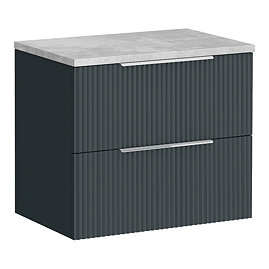 Venice Fluted 600mm Satin Anthracite Grey Wall-Hung Vanity Unit – 2 Soft-Close Drawers, Bellato Grey Concrete Effect Worktop & Chrome Handles
