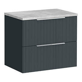 Venice Fluted 600mm Satin Anthracite Grey Wall-Hung Vanity Unit – 2 Soft-Close Drawers, Bellato Grey Concrete Effect Worktop & Chrome Handles
