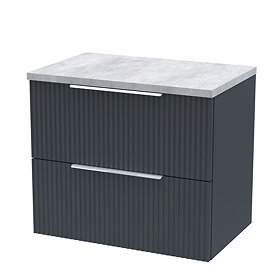 Venice fluted 600mm Satin Anthracite Vanity Unit - Wall Hung 2 Drawer Unit with Bellato Grey Concret