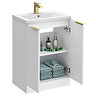 Venice Fluted 600mm White Vanity Unit - Floor Standing 2 Door Unit with Brushed Brass Handles