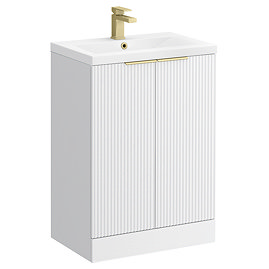Venice Fluted 600mm White Vanity Unit - Floor Standing 2 Door Unit with Brushed Brass Handles
