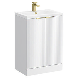 Venice Fluted 600mm White Vanity Unit - Floor Standing 2 Door Unit with Brushed Brass Handles