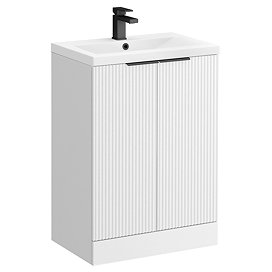 Venice Fluted 600mm White Vanity Unit - Floor Standing 2 Door Unit with Matt Black Handles
