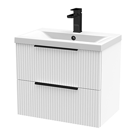 Venice Fluted 600mm White Vanity Unit - Wall Hung 2 Drawer Unit with Matt Black Handles