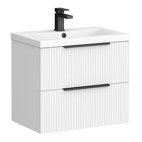 Venice Fluted 600mm White Vanity Unit - Wall Hung 2 Drawer Unit with Matt Black Handles