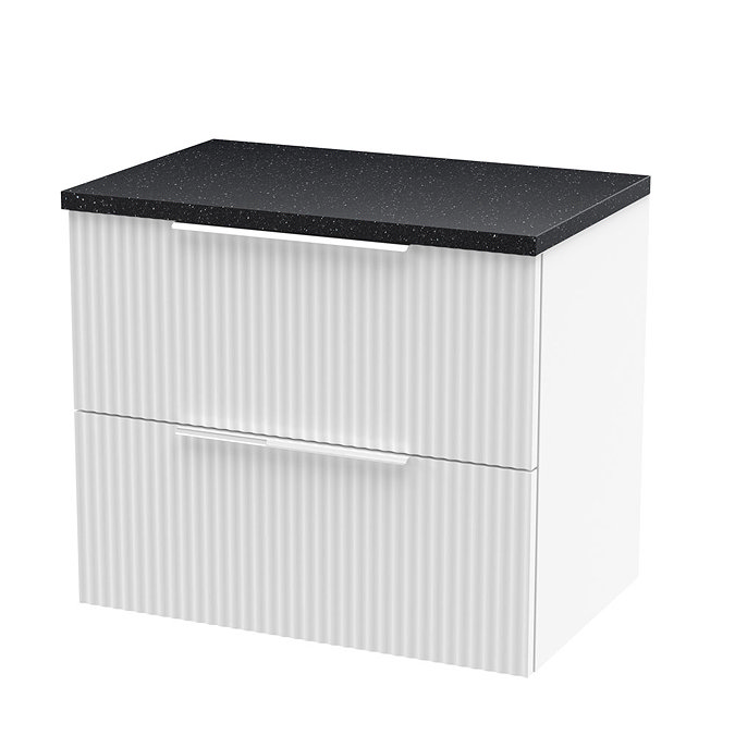 Venice fluted 600mm White Vanity Unit - Wall Hung 2 Drawer Unit with Black Worktop & Chrome Handles 