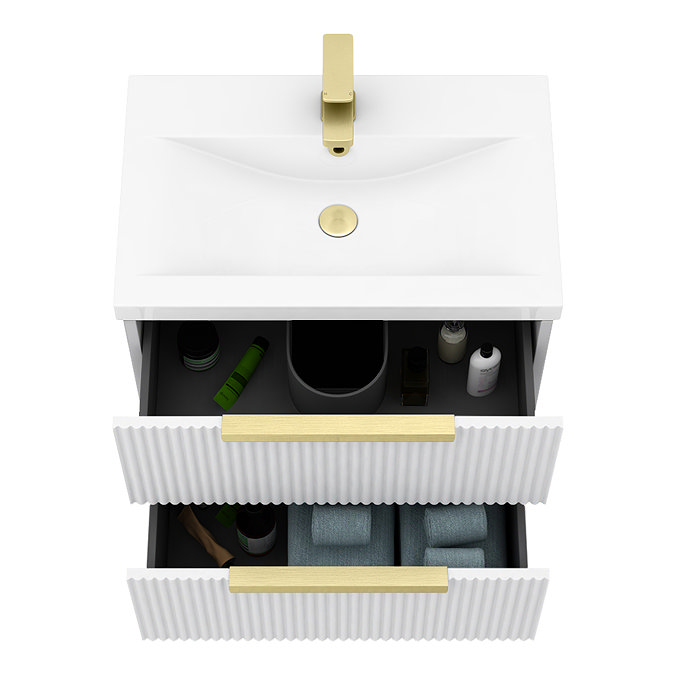 Venice Fluted 600mm White Vanity Unit - Wall Hung 2 Drawer Unit with Brushed Brass Handles