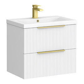 Venice Fluted 600mm White Vanity Unit - Wall Hung 2 Drawer Unit with Brushed Brass Handles