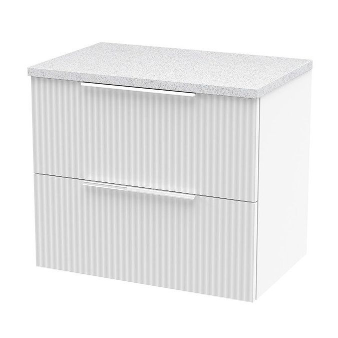 Venice Fluted 600mm White Vanity Unit - Wall Hung 2 Drawer Unit with White Worktop & Chrome Handles