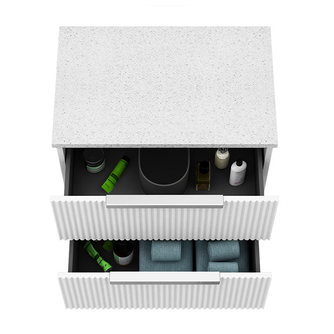 Venice Fluted 600mm White Vanity Unit - Wall Hung 2 Drawer Unit with White Worktop & Chrome Handles