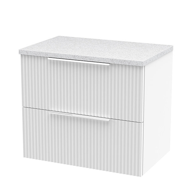 Venice fluted 600mm White Vanity Unit Wall Hung 2 Drawer Unit with White Worktop & Chrome