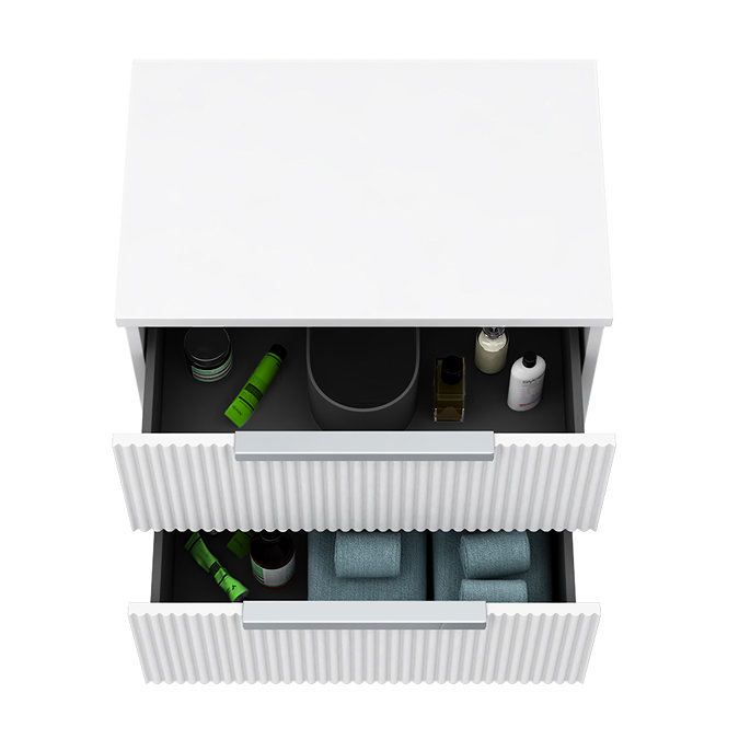 Venice Fluted 600mm White Vanity Unit - Wall Hung 2 Drawer Unit with Worktop & Chrome Handles