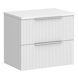 Venice Fluted 600mm White Vanity Unit - Wall Hung 2 Drawer Unit with Worktop & Chrome Handles