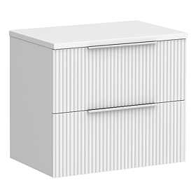 Venice Fluted 600mm White Vanity Unit - Wall Hung 2 Drawer Unit with Worktop & Chrome Handles