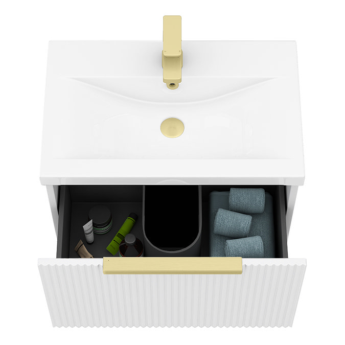 Venice Fluted 600mm White Vanity Unit - Wall Hung Single Drawer Unit with Brushed Brass Handle