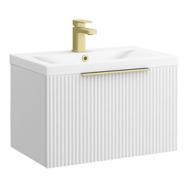 Venice Fluted 600mm White Vanity Unit - Wall Hung Single Drawer Unit with Brushed Brass Handle