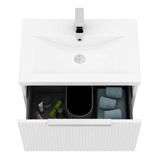 Venice Fluted 600mm White Vanity Unit - Wall Hung Single Drawer Unit with Chrome Handle