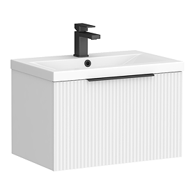 Venice Fluted 600mm White Vanity Unit - Wall Hung Single Drawer Unit with Matt Black Handle