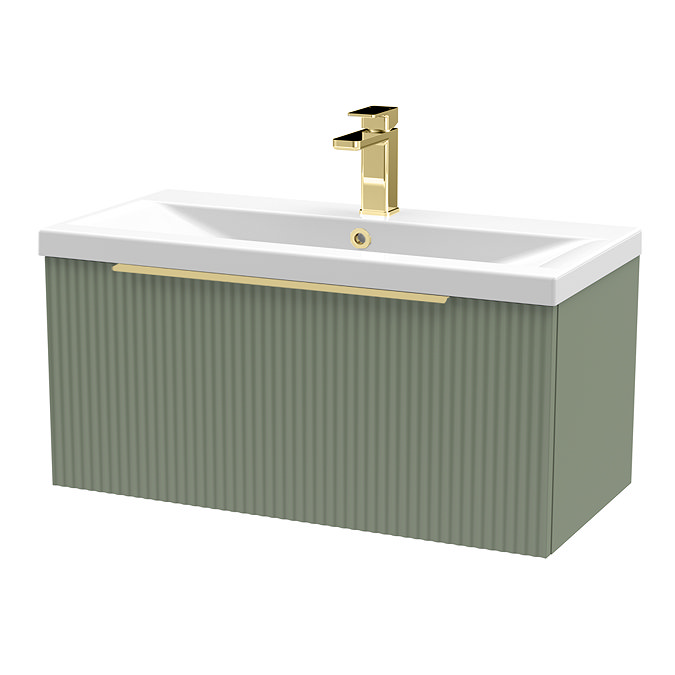 Venice Fluted 800mm Green Vanity Unit - Wall Hung Single Drawer Unit with Brushed Brass Handle