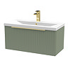 Venice Fluted 800mm Green Vanity Unit - Wall Hung Single Drawer Unit with Brushed Brass Handle