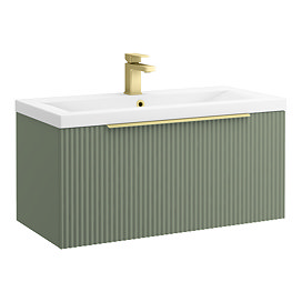 Venice Fluted 800mm Green Vanity Unit - Wall Hung Single Drawer Unit with Brushed Brass Handle