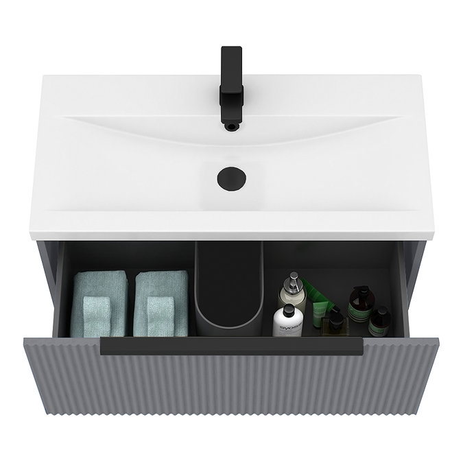 Venice Fluted 800mm Grey Vanity Unit - Wall Hung Single Drawer Unit with Matt Black Handle