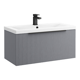Venice Fluted 800mm Grey Vanity Unit - Wall Hung Single Drawer Unit with Matt Black Handle