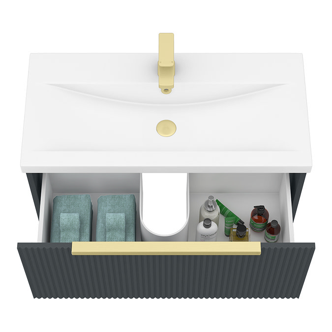 Venice Fluted 800mm Anthracite Vanity Unit - Wall Hung Single Drawer Unit with Brushed Brass Handle