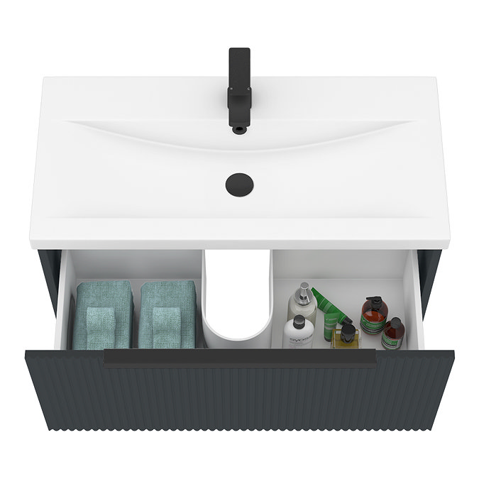 Venice Fluted 800mm Anthracite Vanity Unit - Wall Hung Single Drawer Unit with Matt Black Handle